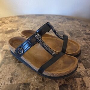 Naot Malibu EU 39 Leather Embellished T-Strap Slide wedge Sandals black Size 8